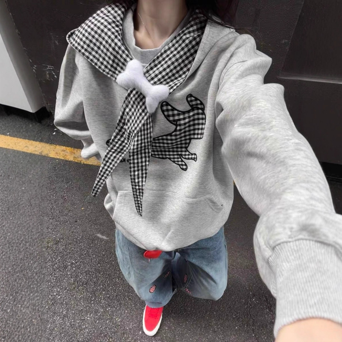 American designer embroidered small dog plaid strap hooded sweatshirt for women, new autumn and winter with plush loose and lazy style top
