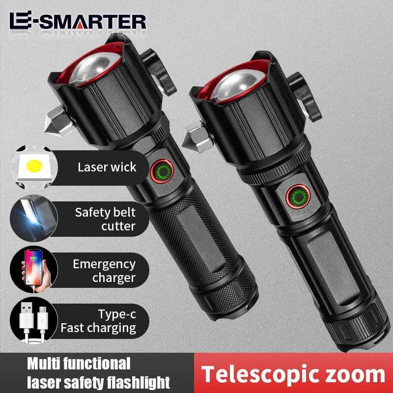 High Power Zoom LED Flashlight with USB Charging COB Safety Hammer Multi-functional Waterproof Aluminum Alloy White Laser Torch C251122