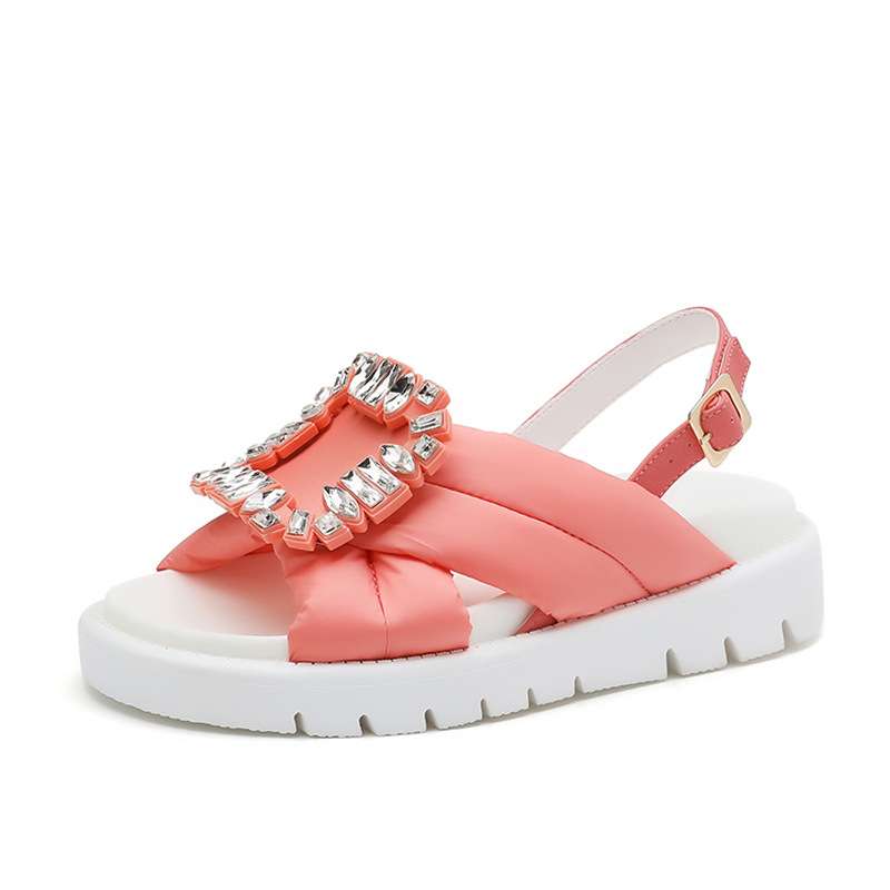 designer shoes New style women's flat sandals with diamond square buckle platform sole genuine leather fashionable Japanese and Korean trendy wom