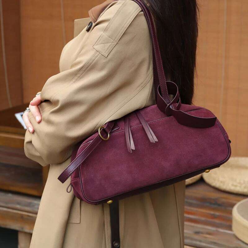 Toptrends Suede Cow Genuine Leather Underarm Shoulder Bags For Women New 2025 Luxury Designer Bowling Totes Work Ladies Handbags
