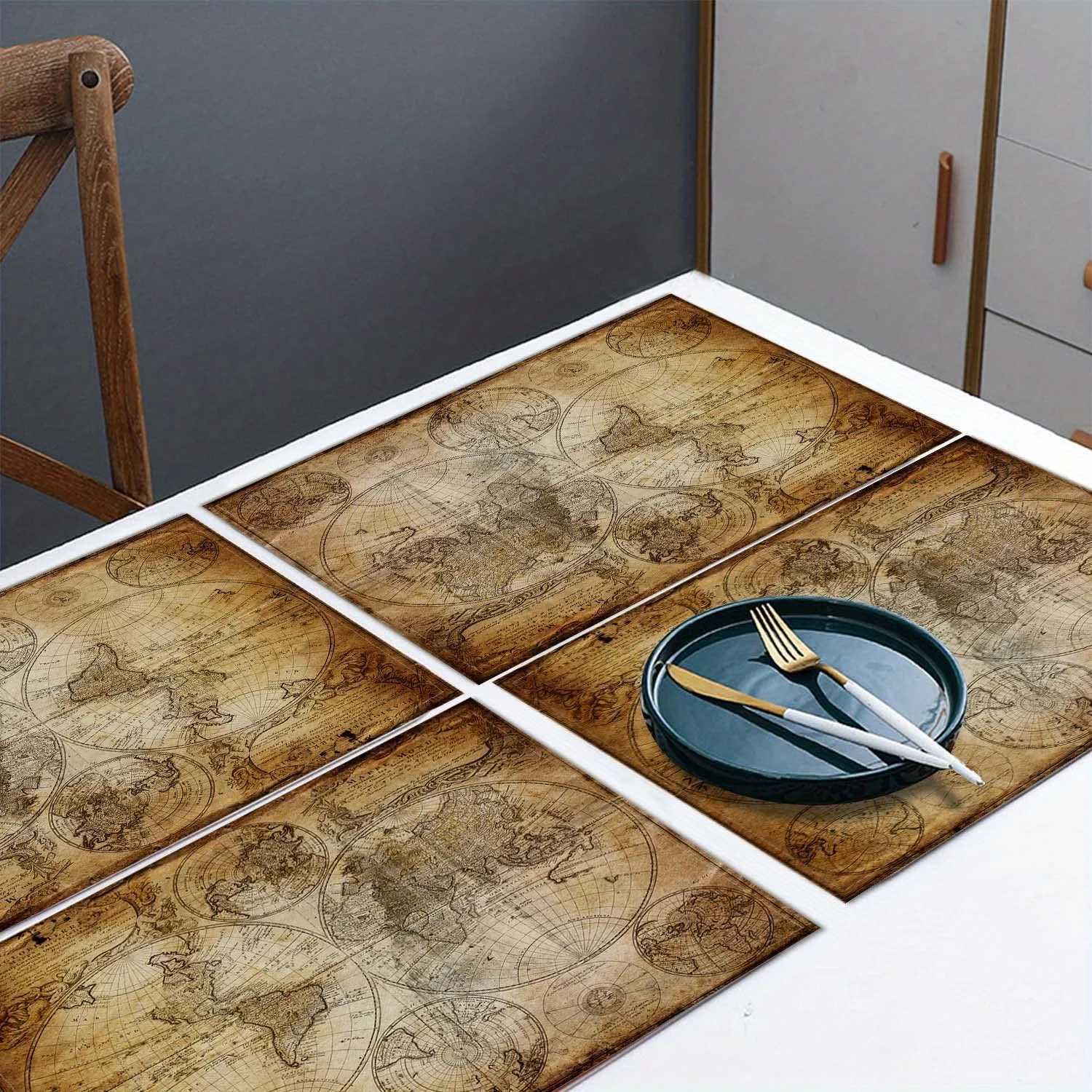 4pcs Retro Nautical Map of The World Placemats 12 x 18 Inch Washable Table Mat Kitchen home Party Decoration C251122