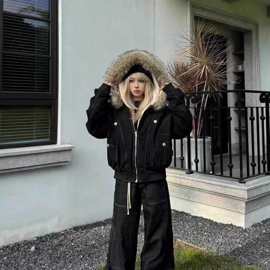 Vintage Condor Fur Hood Coat American Retro Short Parka for Petite Women Campus Style Thickened Hooded Jacket Y2K Winter War 251110