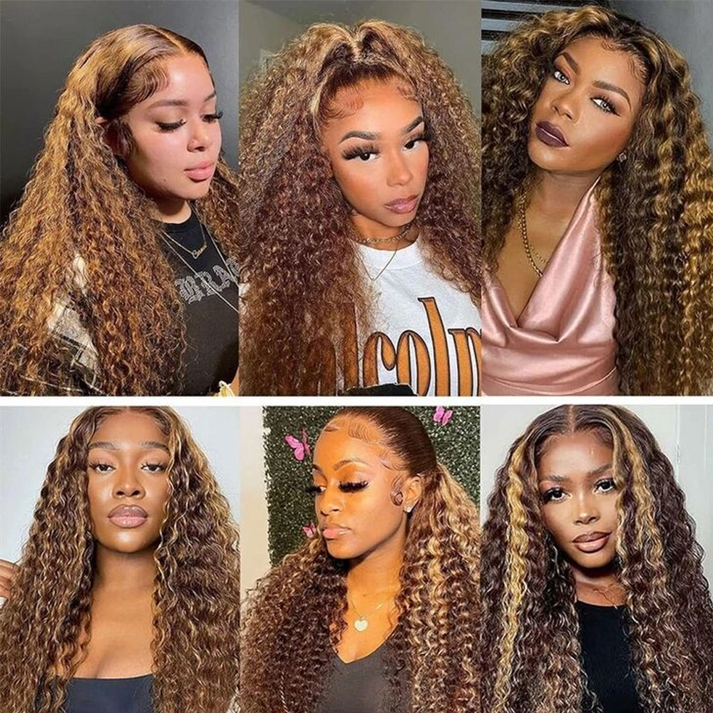 Highlight Deep Wave Invisi-Strap 360 Full Lace Wig Human Hair Pre Plucked 250 Density Lace Wig Colored HD 360 Lace Frontal Wig 36 Inch Glueless Wigs