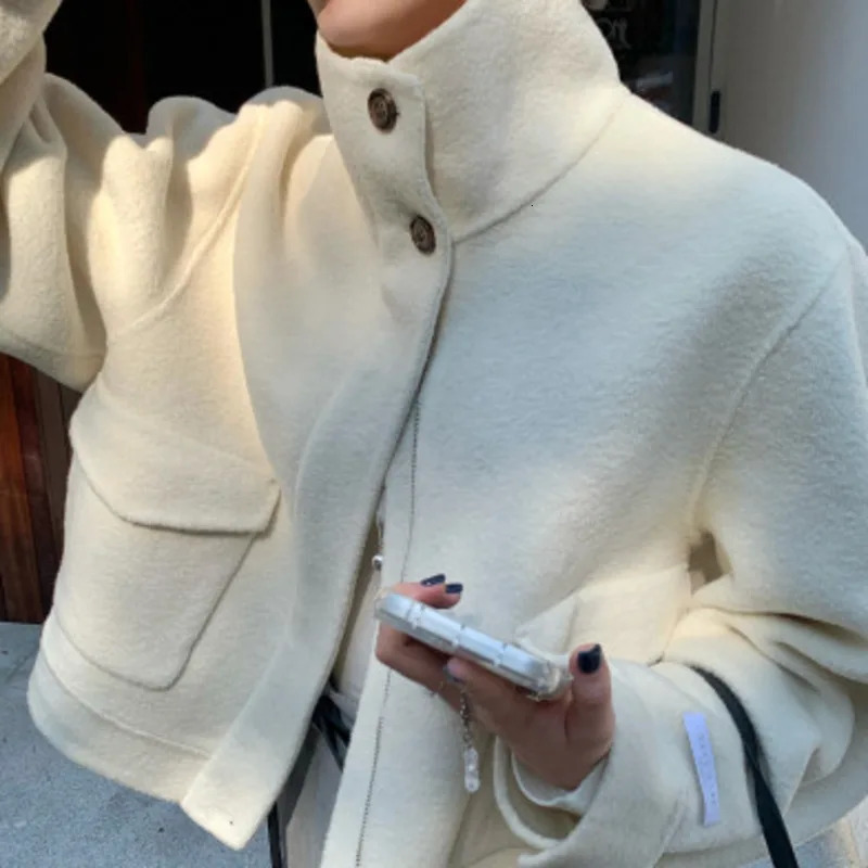 EWQ Elegant Stand Collar n With Zipper And Button Long Sleeve Woolen Short Coat Cardigan Pocket Warm Winter Jacket 251112