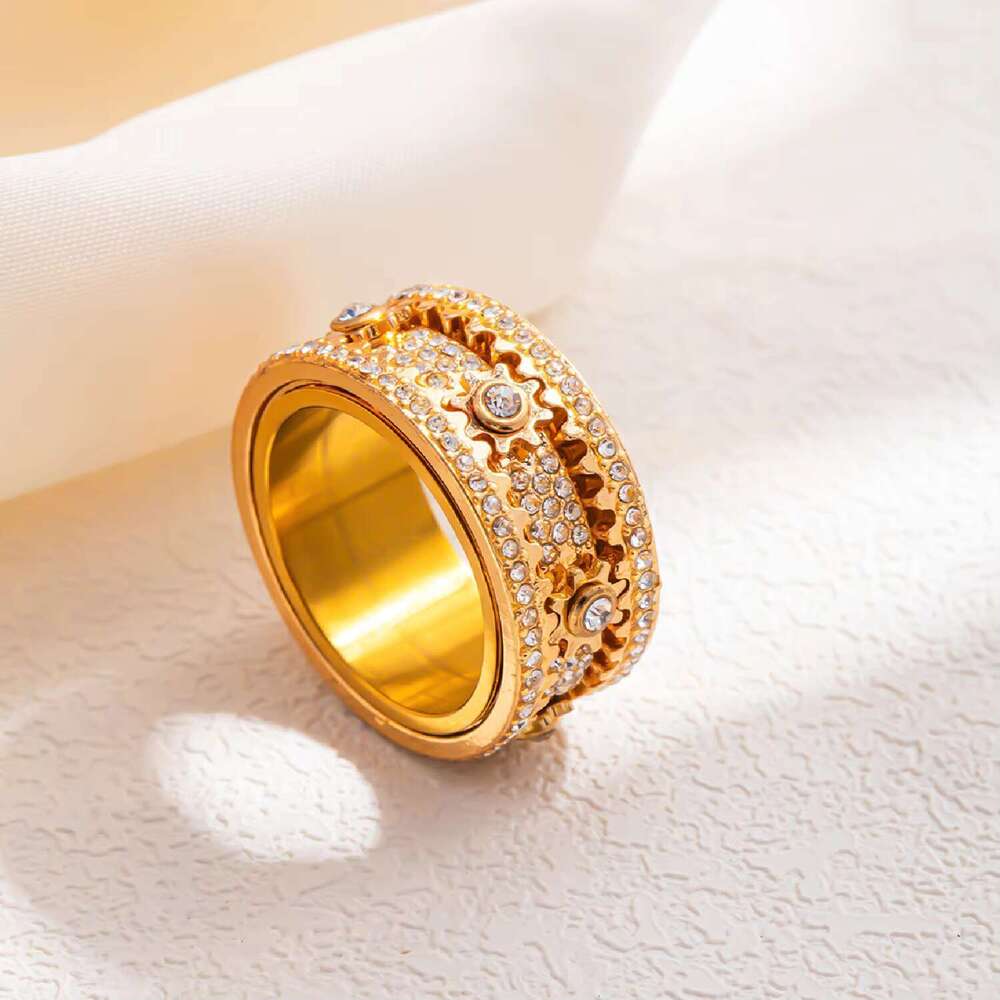 8mm Wide Anxiety Releasing Rotator Rotatable Couple Ring Men's And Women's Gear Rhinestone Strap Simple Casual Classic Brother Ring