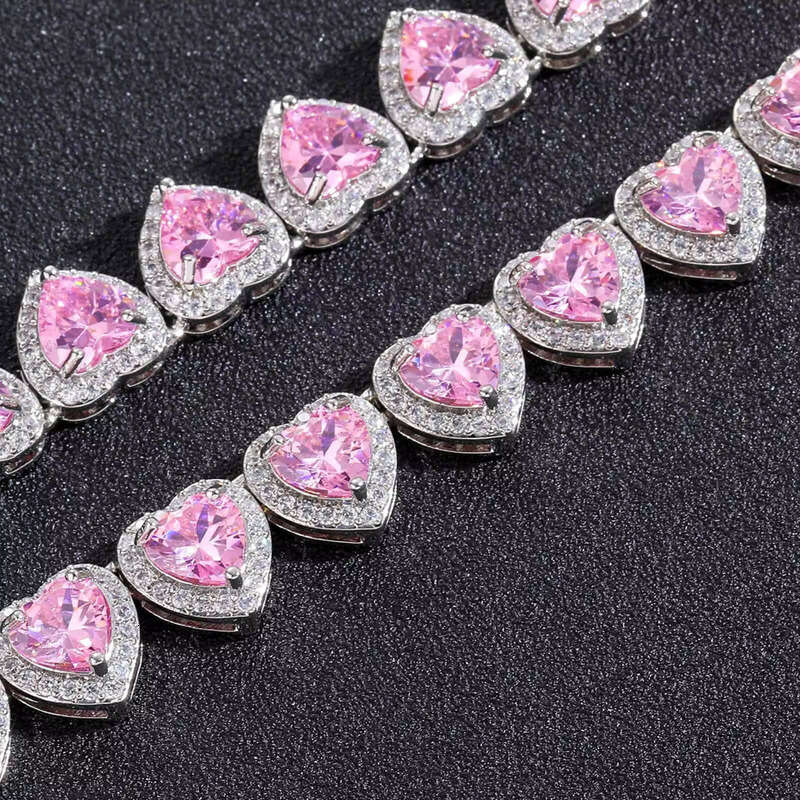 High Quality 10mm Ice Powder Heart Tennis Chain Necklace Boutique Jewelry Shiny Pink moissanite Hip Hop Style