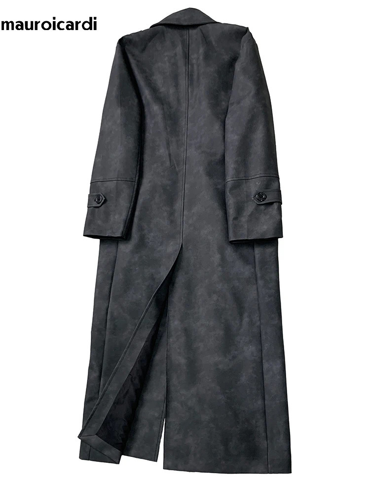 Mauroicardi Spring Autumn Long Distressed Pu Leather Trench Coat Men Belt Double Breasted Clothes Fashion 251110