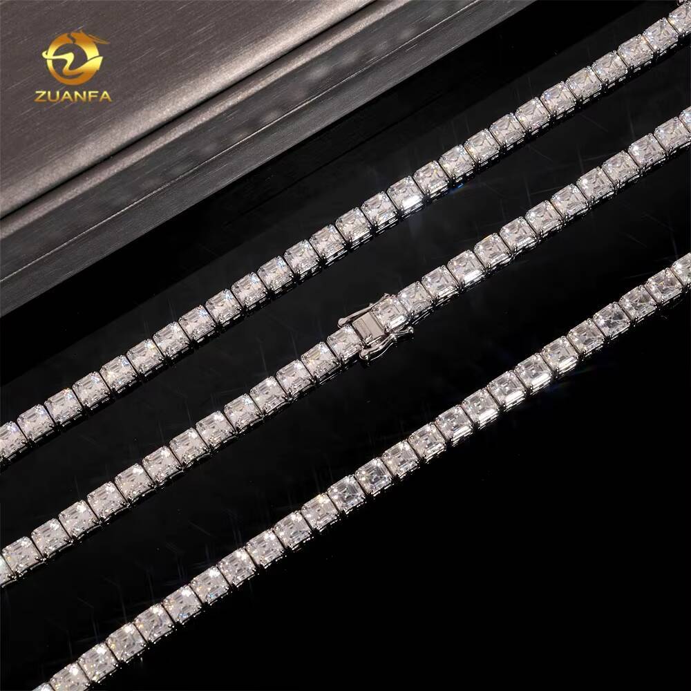 Hip Hop Jewelry High Quality VVS 925 Silver Asscher Cut 55MM 08CT Moissanite Tennis Chain Necklace