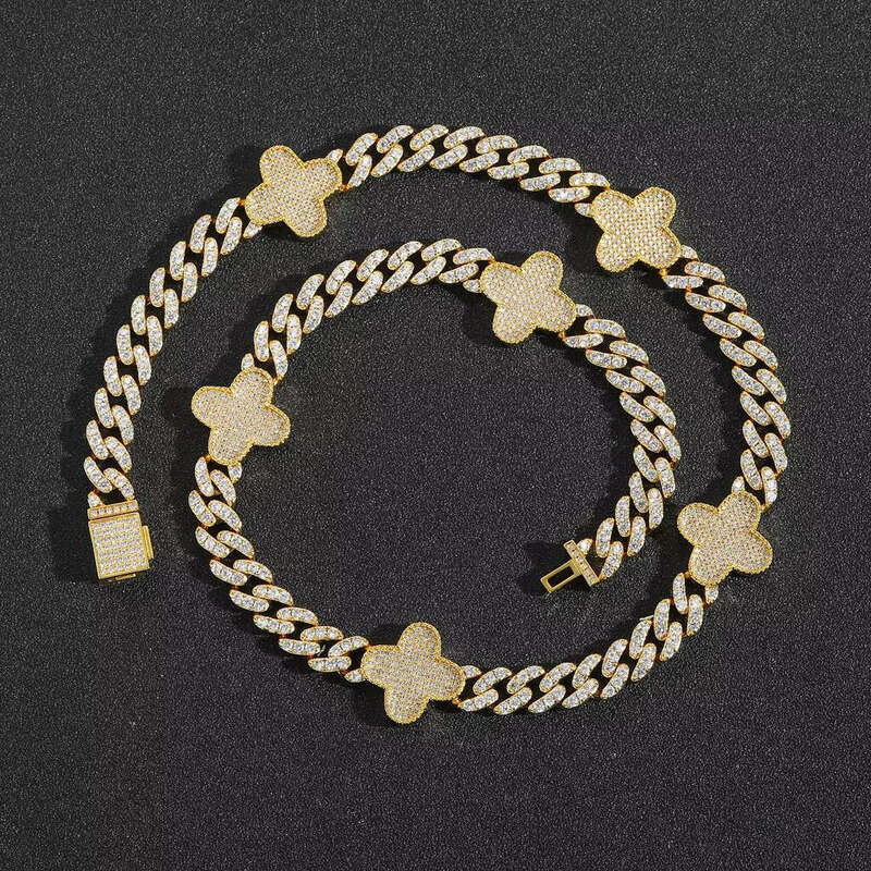 Fashion 8mm Jewelry Cuban Bracelet Men Hip Hop Iced Out 5A moissanite Lucky Clover Necklace for Women