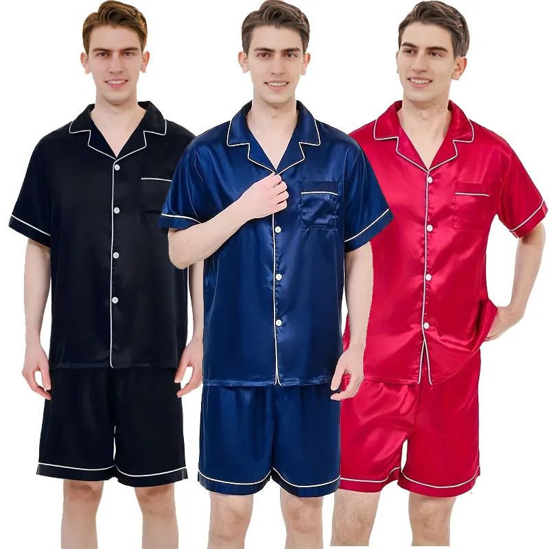 Summer Pajamas For Man Big Size Satin Mens Pajama Sets Shorts Silk Short Sleeve Sleepwear Home Pijama Night Clothes Loungewear 250421