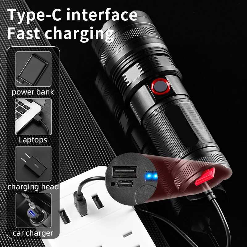 Powerful Spotlight Long Range LED Flashlight Strong Light Lamp Tactical Torch Lantern Built-in Battery Type-C Charging Torch C251122