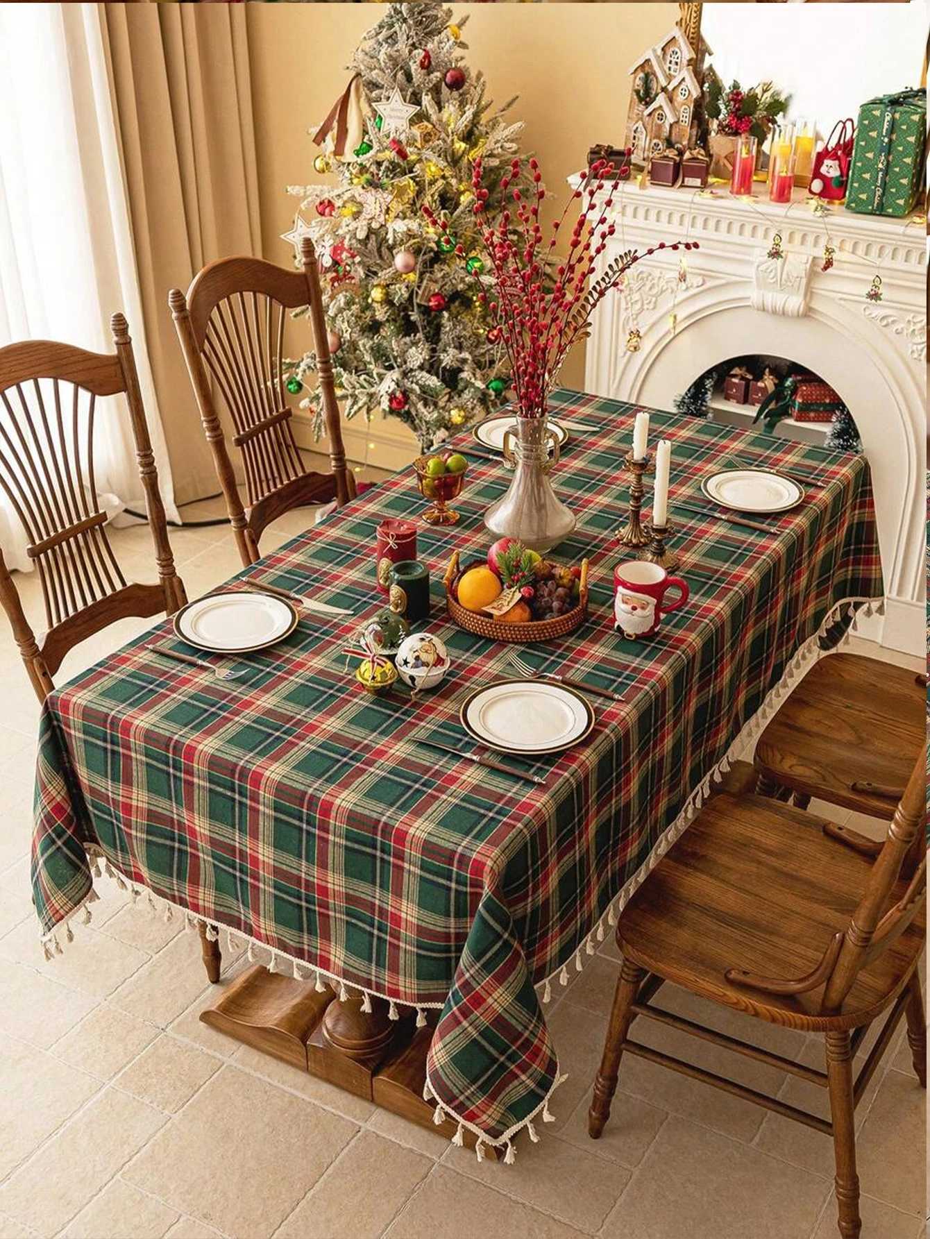 Christmas Plaid Tassel Plaid Tablecloth for Kitchen Wedding Banquet Holiday Dining Table Decoration Tablecloth C251122