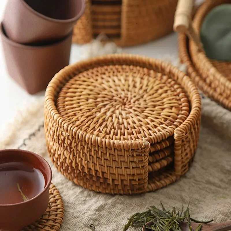 6Pcs Drink Coasters Set For Kungfu Tea Accessories Round Tableware Placemat Dish Mat Rattan Weave Cup Mat Pad Diameter 8Cm C2511221