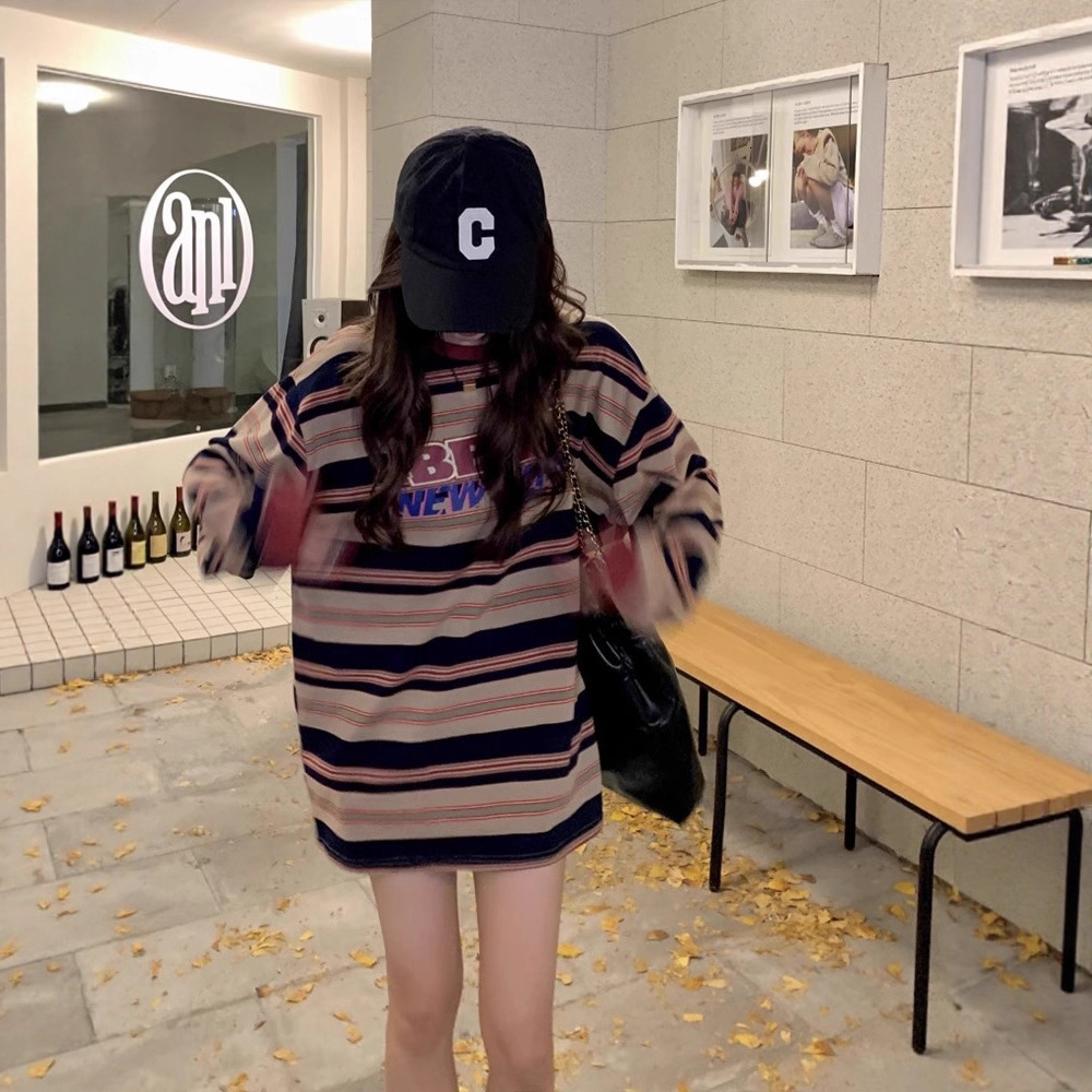 American designer striped round neck hoodie with women's fleece, new Korean version loose and lazy style mid length hip covering top