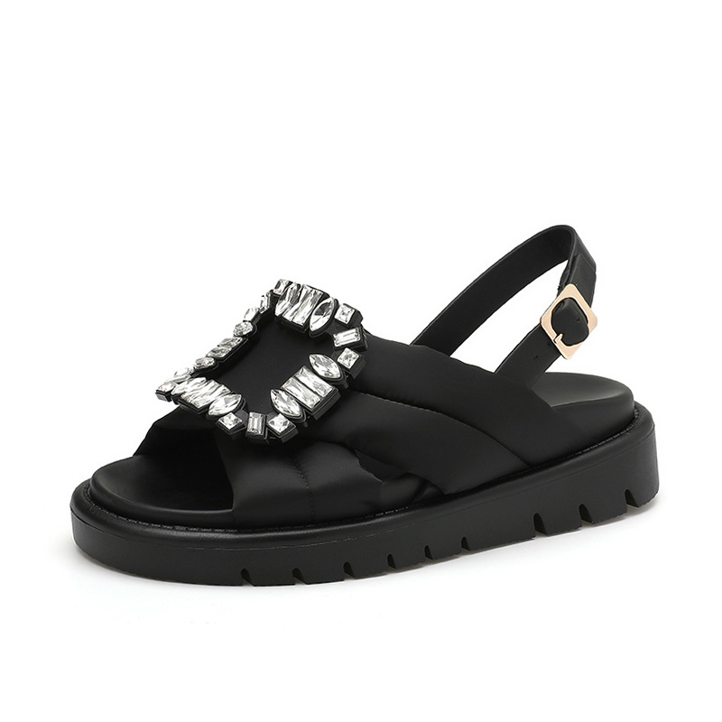 designer shoes New style women's flat sandals with diamond square buckle platform sole genuine leather fashionable Japanese and Korean trendy wom