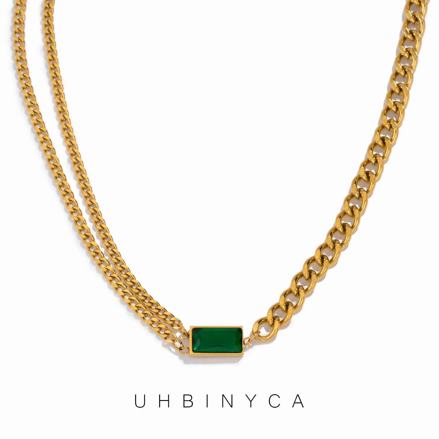 Classic Emerald Asymmetric Chain Women Stainless Steel Necklace for Daily Wear Jewelry