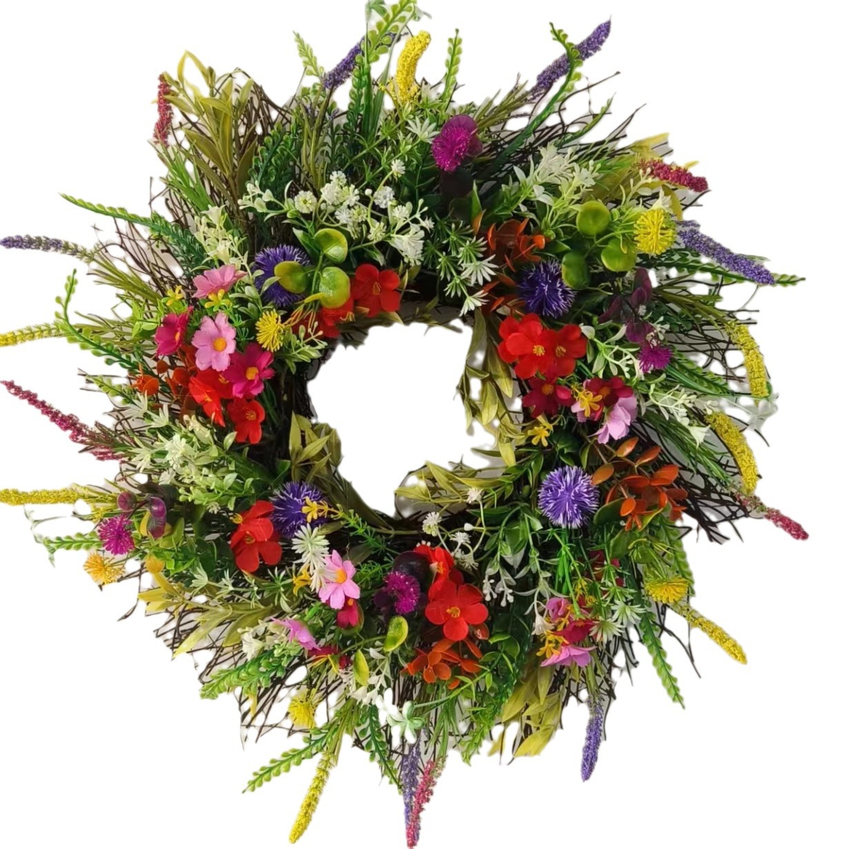 Hot Selling Wildflower Spring And Summer Garland Front Door Artificial Dried Wildflower Wreath Ranunculus Fresh Green Plant Everlasting Flowers