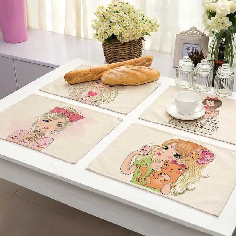 2Pcs Cute Girl Cotton Linen Pad Pattern Kitchen Placemat Kawaii Coaster Bowl Cup Mat Dining Table Mats 30x40cm Home Decor C251122