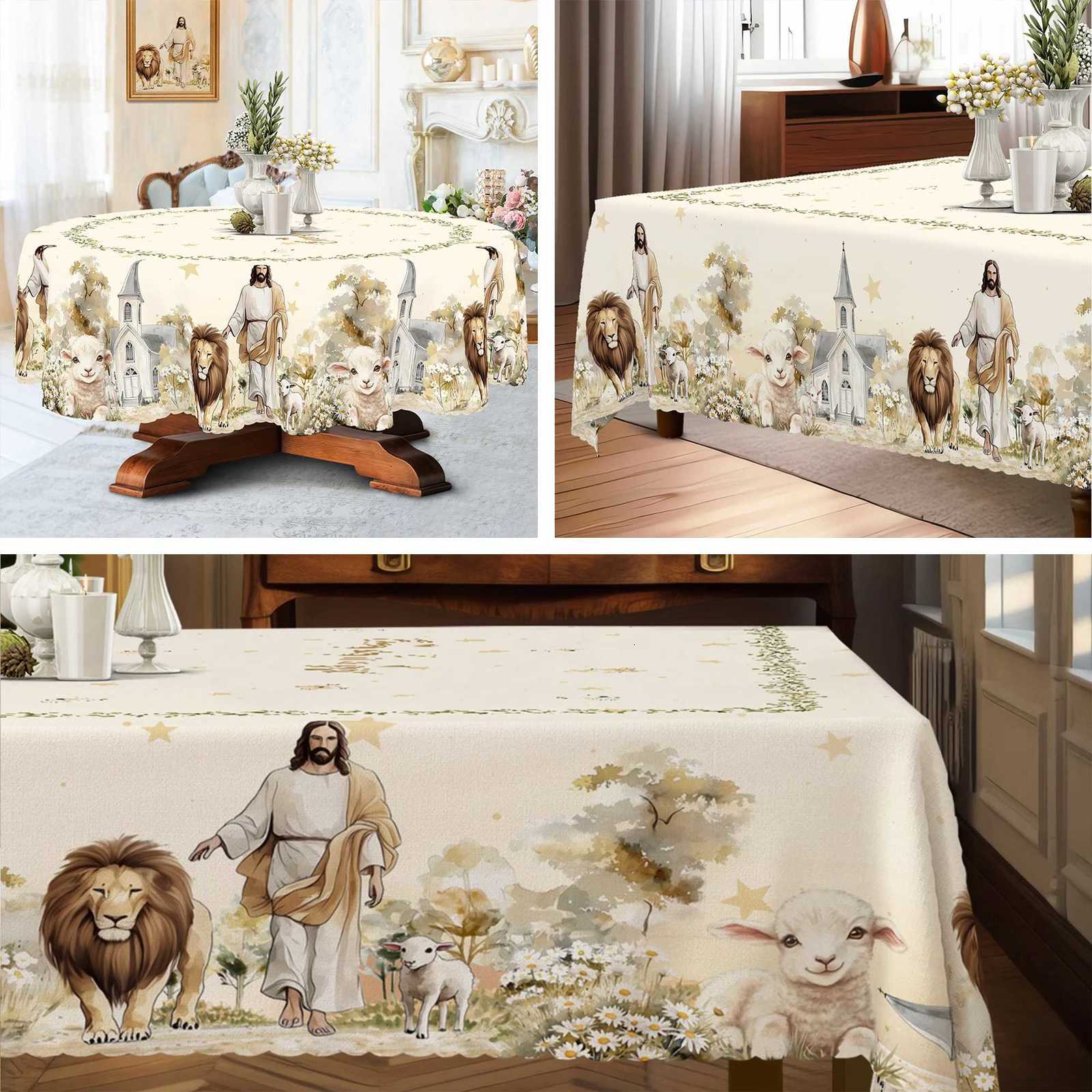1 Piece Jesus Lion and Sheep Pattern Printed Polyester Tablecloth 4 SelfAdhesiveS tickersE mbossedE dgesS uitablef orH omeK itchenL ivingR oomD iningT