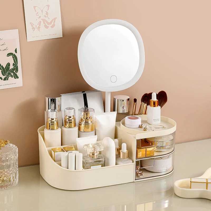 Makeup Storage Box With Mirror Desktop Dressing Table Makeup Mirror Cosmetics Jewelry Storage Box Touch Light Storage Organizer M251122