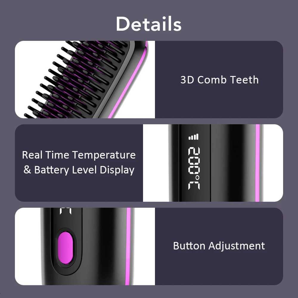 USB Ceramic Heating Straight Hair Comb Electric Wireless Portable Negative Ion Styling Tool Rechargeable Straightening CombT251122