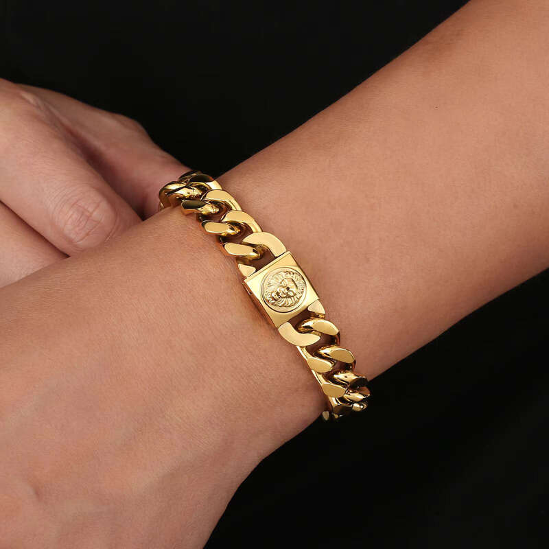 12mm Men's Filled Lion Necklace Boys Cross Buckle Bracelet Miami Cuban Chain