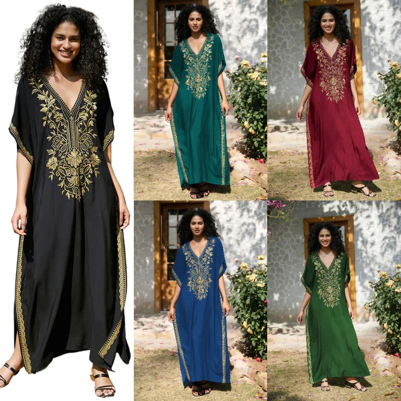 Golden embroidery long Kaftan dress Vneck beach coat womens 250415Z