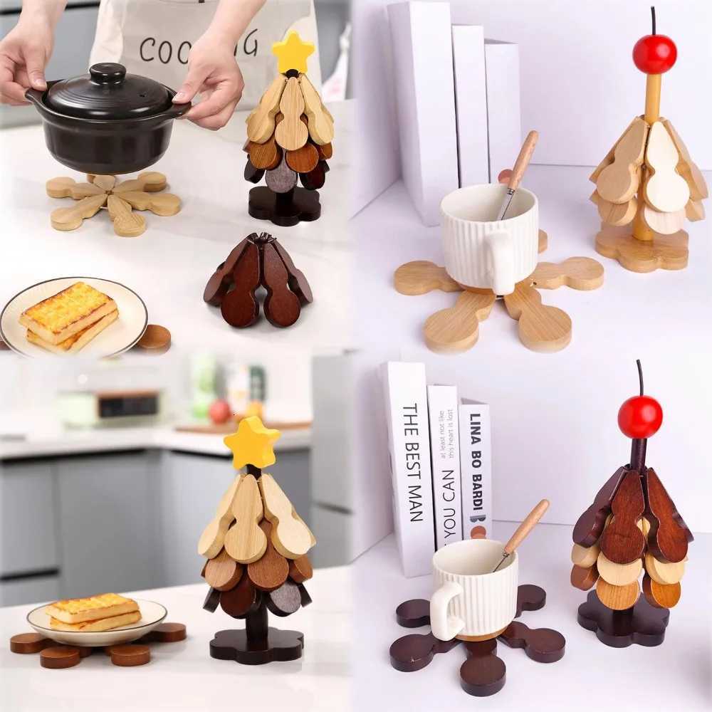 cute Tree Insulation Mat Christmas Tree Gourd Dining Table Pot Bowl Mat Household Wooden Coaster Ornament Insulation Pad 1Set C251122