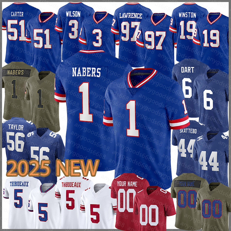 51 Abdul Carter Football Jerseys 44 Cam Skattebo 1 Malik Nabers 6 Jaxson Dart 56 Lawrence Taylor 3 Russell Wilson 97 Dexter Lawrence II 5 Kayvon Thibodeaux Man