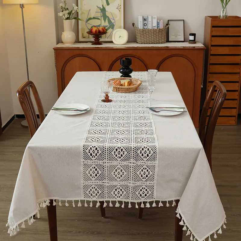 Double Idyllic Dining Table Clothcotton Thread Crochet Coffee Table Tableclothsolid Color Light Luxury Hollow Splicing Cover C251122