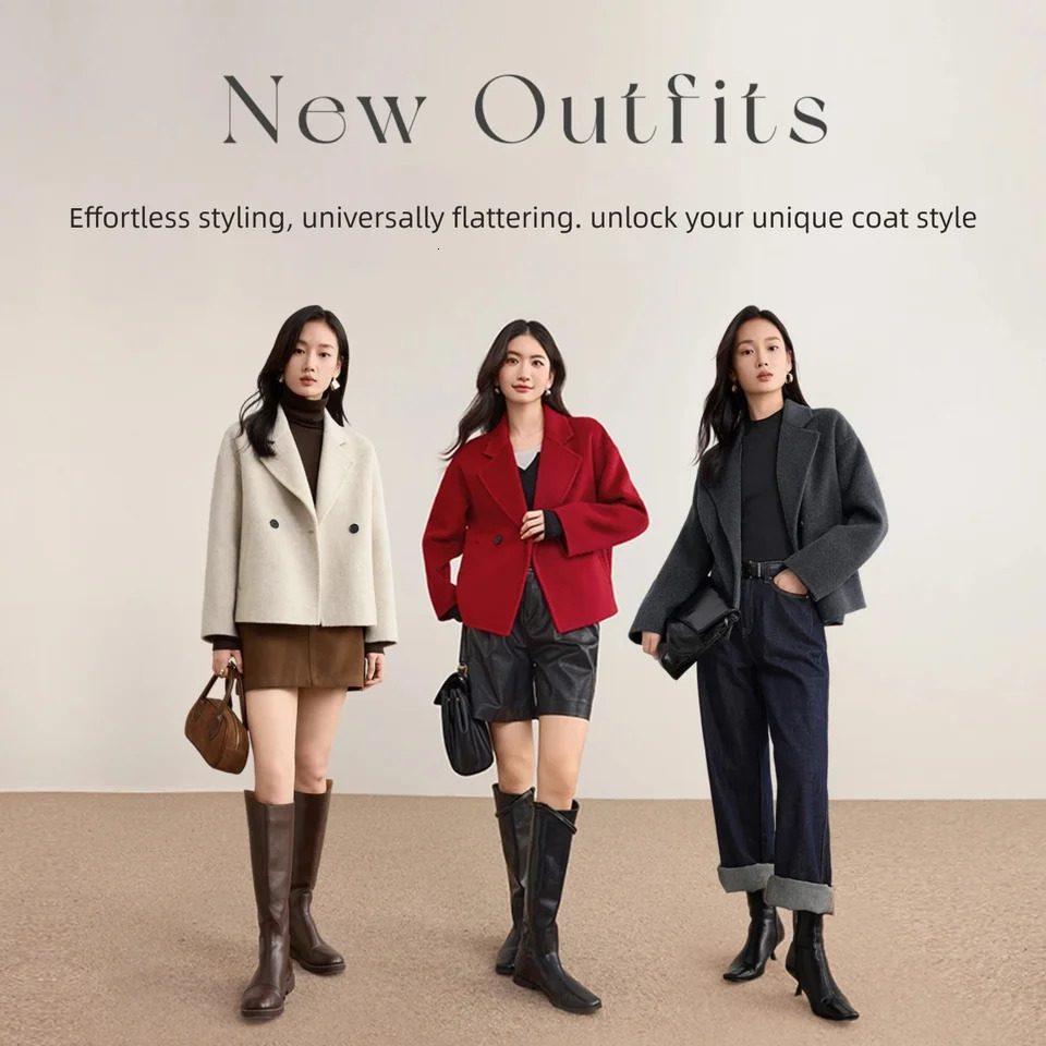 SENTUBILA Womens Wool Coats Solid Notched Longsleeve Loosefit 2025 Winter DoubleFaced Short Coat W54OA8777 251112