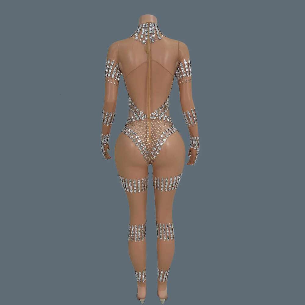 Women Sexy Transparent Playsuit Sparkly Crystals Rhinestones Mesh Strechy Jumpsuit Dance Costume Performance Stage Outfit Dunpai