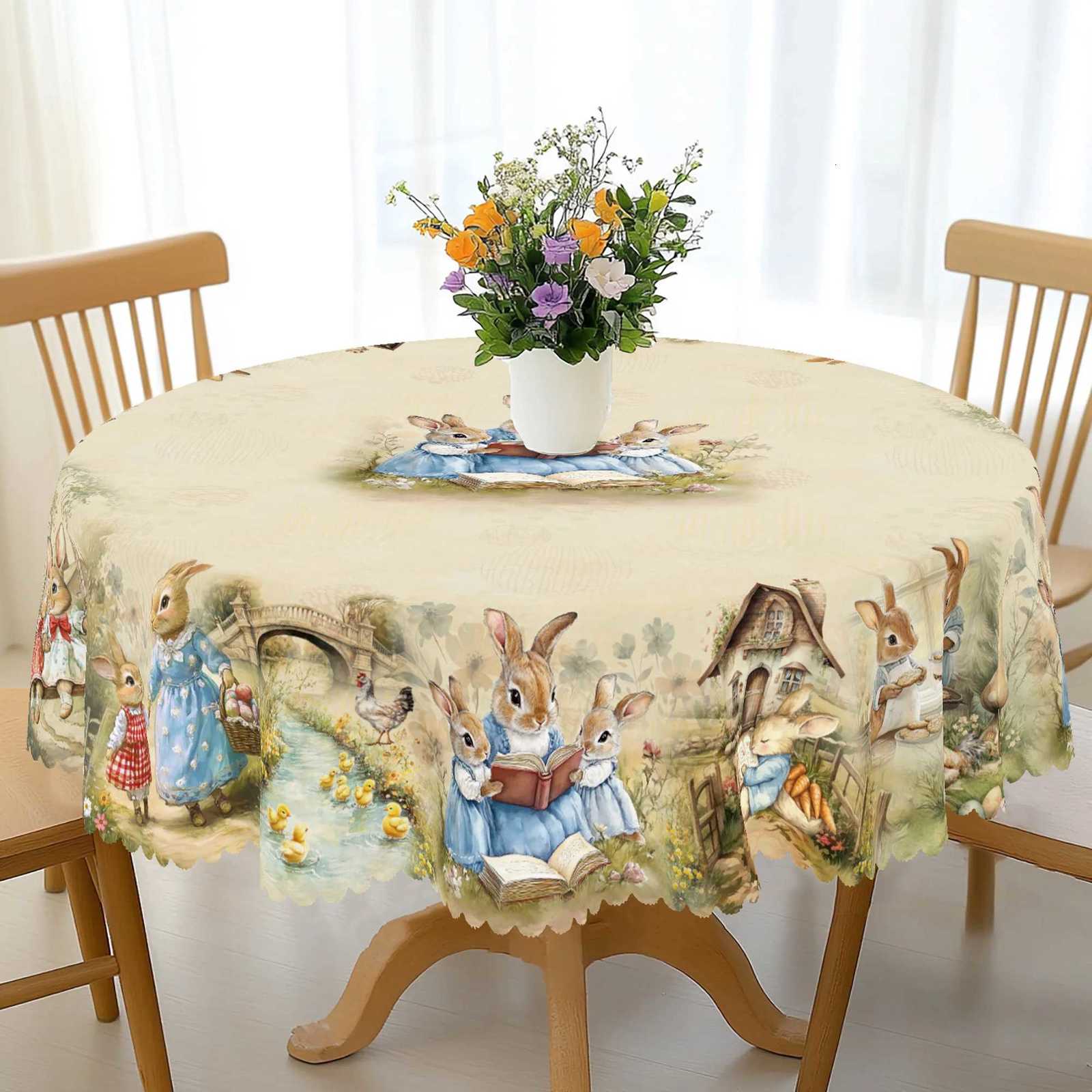 1 Easter Round Tablecloth 5 Sizes Available Retro Easter Bunny Egg Flower Print Square Tablecloth Edge Embossing Process Easter Spring C251122