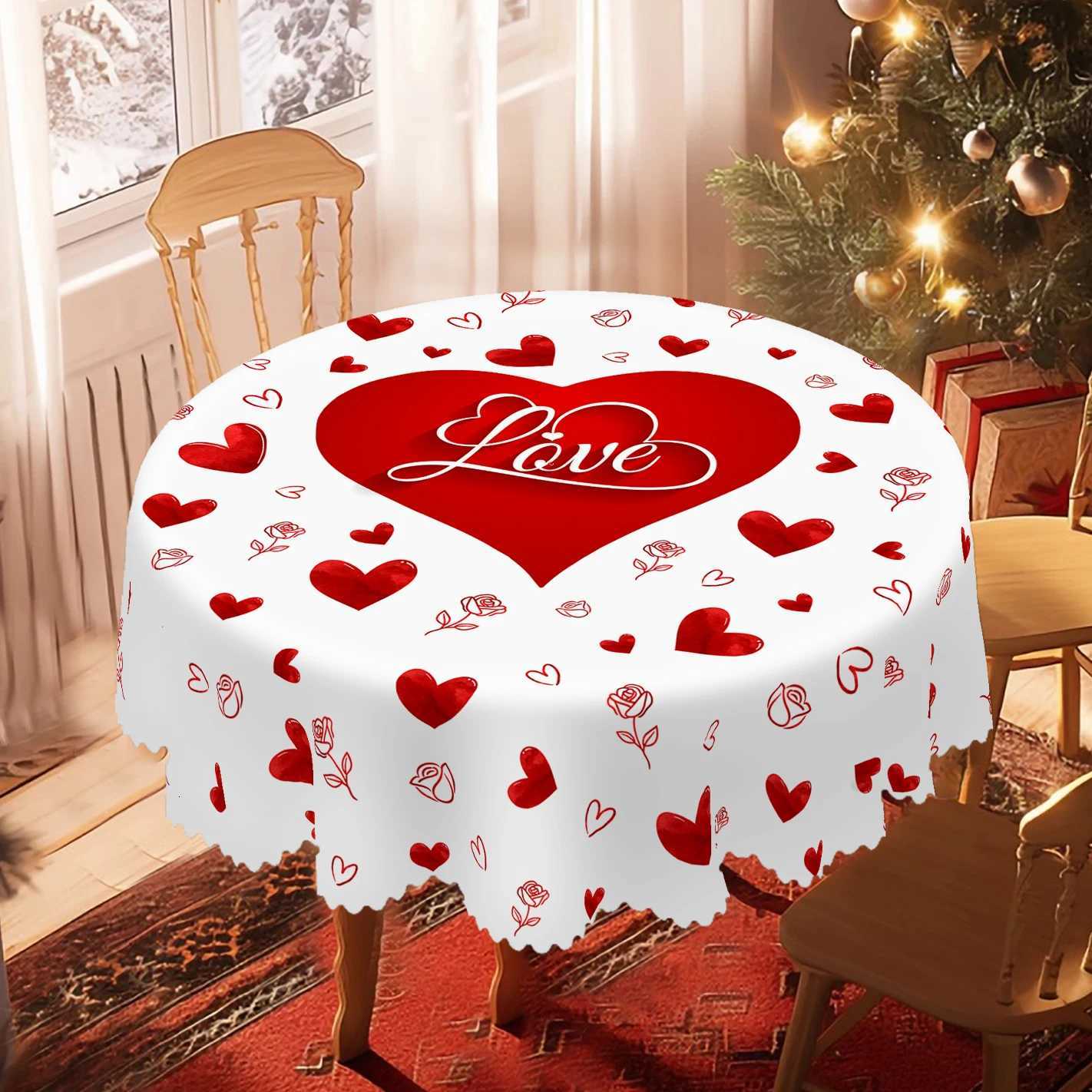 1 Piece Valentines Day Round Tablecloth 5 Sizes Available Romantic HeartShapedL oveP atternT ableclothE dgeE mbossingP rocessV alentinesD ayG ardenT C