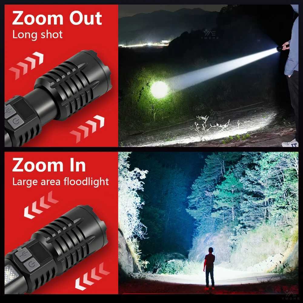 High Power LED Flashlight Powerful USB C Rechargeable COB Flashlight With Side Light Torch For Outdoor Waterproof Camping Hiking C251122