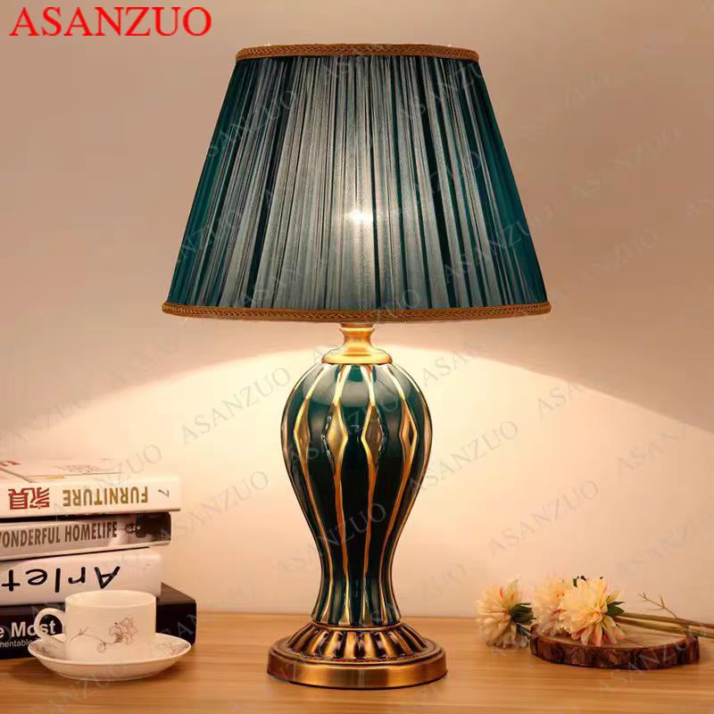 Pastoral Style Ceramic Vase Table Lamp For Bedroom Living Room European retro Study desk lights Fabric Decor Light fixture