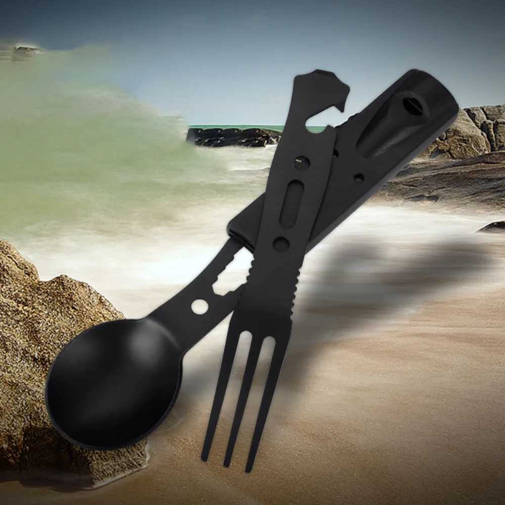 Multifunctional Camping Knife Outdoor Set Stainless Steel Utensils with Whistle Spoon Fork Windproof Combination Gear J251121
