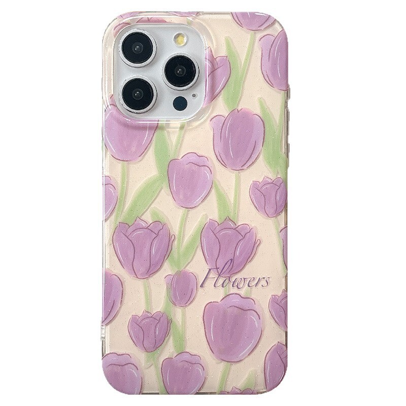 Fine Glitter Full Screen Purple Tulip Phone Case for iPhone 17 Pro Max High-end Feel iPhone 16/15 Pro
