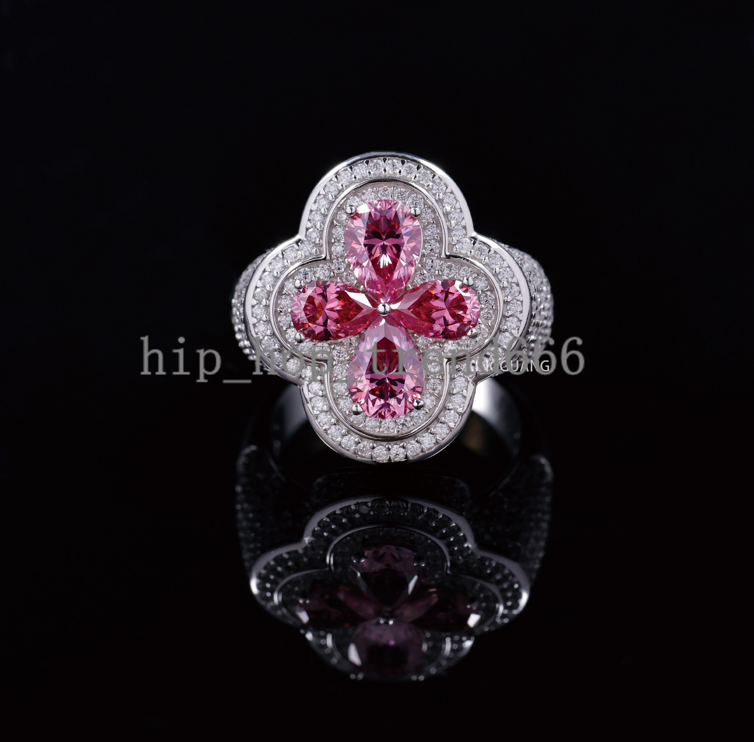 Factory Wholesale New Arrival S925 Silver Ring Shiny Pink Moissanite Blue Moissanite Ring Hip Hop Jewelry Clover Ring