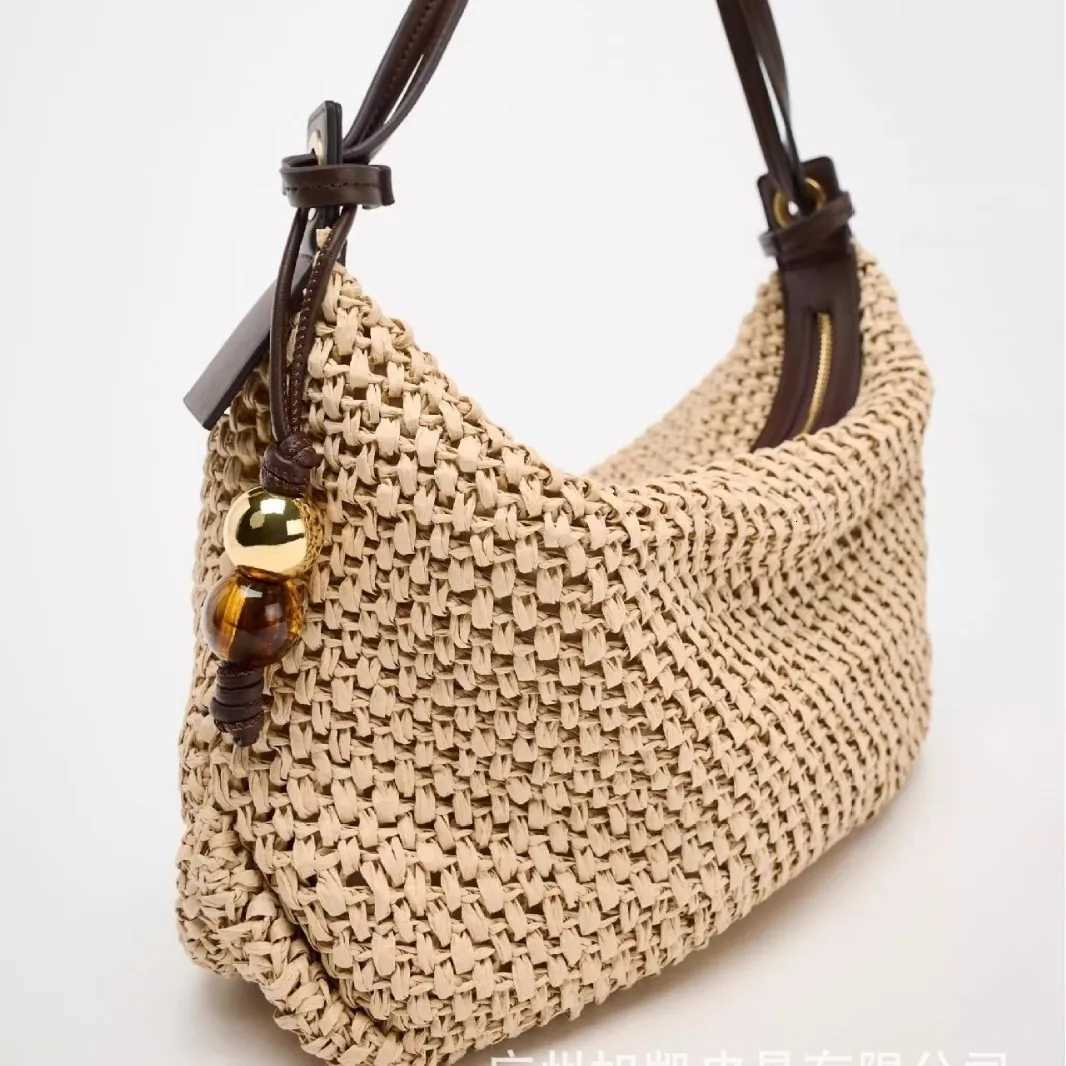Casual Hobos Straw Bag Designer Woven Women Shoulder Bags Vintage Bead Deco Handbags Handmade Summer Beach Bag Small Tote PursesT251122