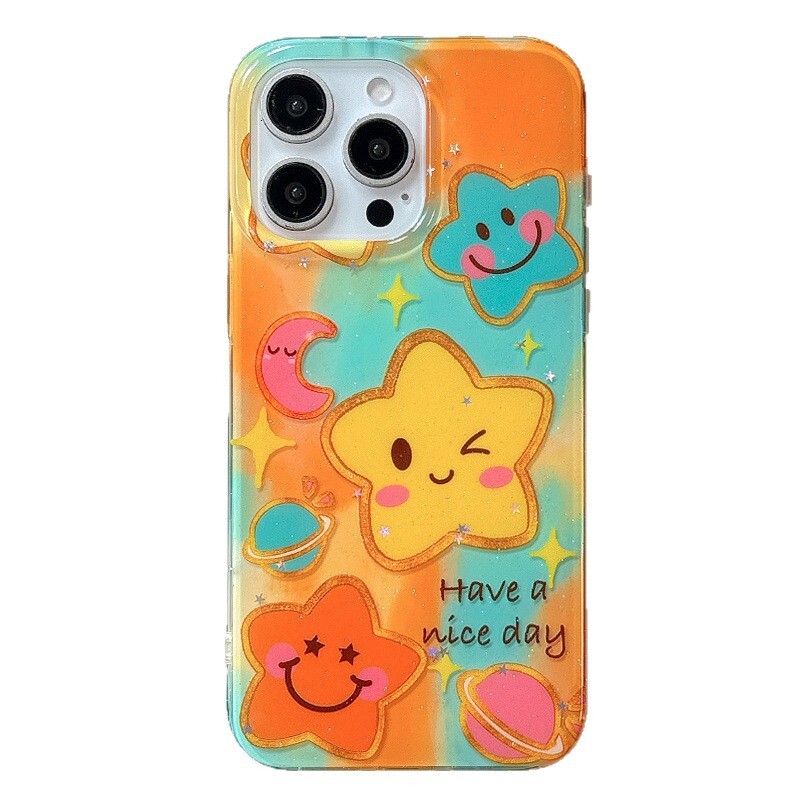 Gradient Moon Smiley Star Phone Case Compatible iPhone 16/15 Pro Max/ with Handheld Chain iPhone 14/13