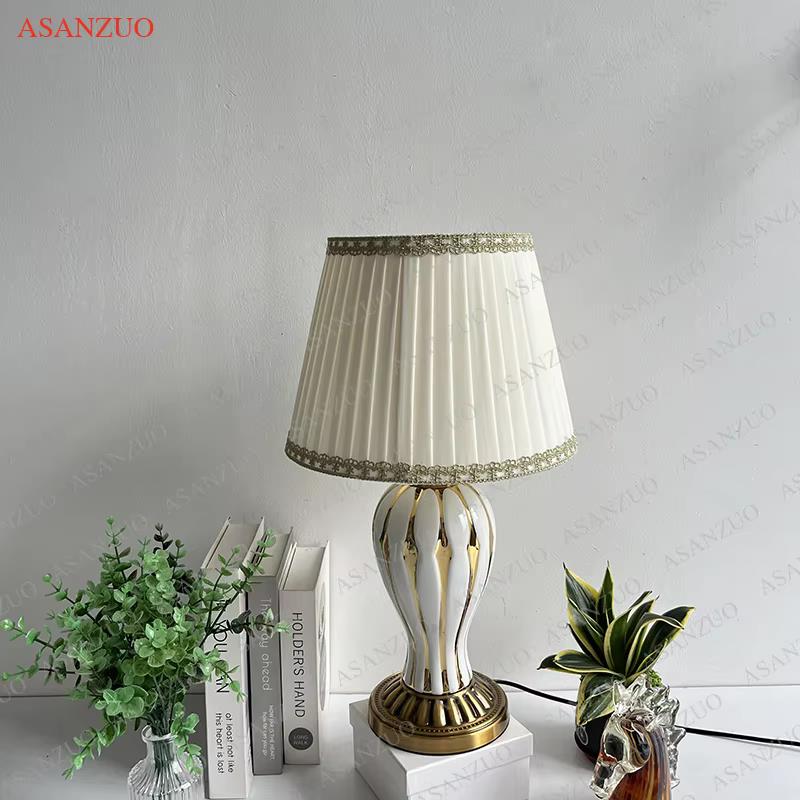 Pastoral Style Ceramic Vase Table Lamp For Bedroom Living Room European retro Study desk lights Fabric Decor Light fixture