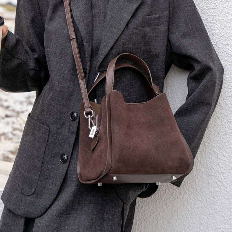 Toptrends Retro Suede Genuine Leather Bucket Tote Handbags For Women 2025 Luxury Designer Matte Ladies Shoulder Crossbody Bags