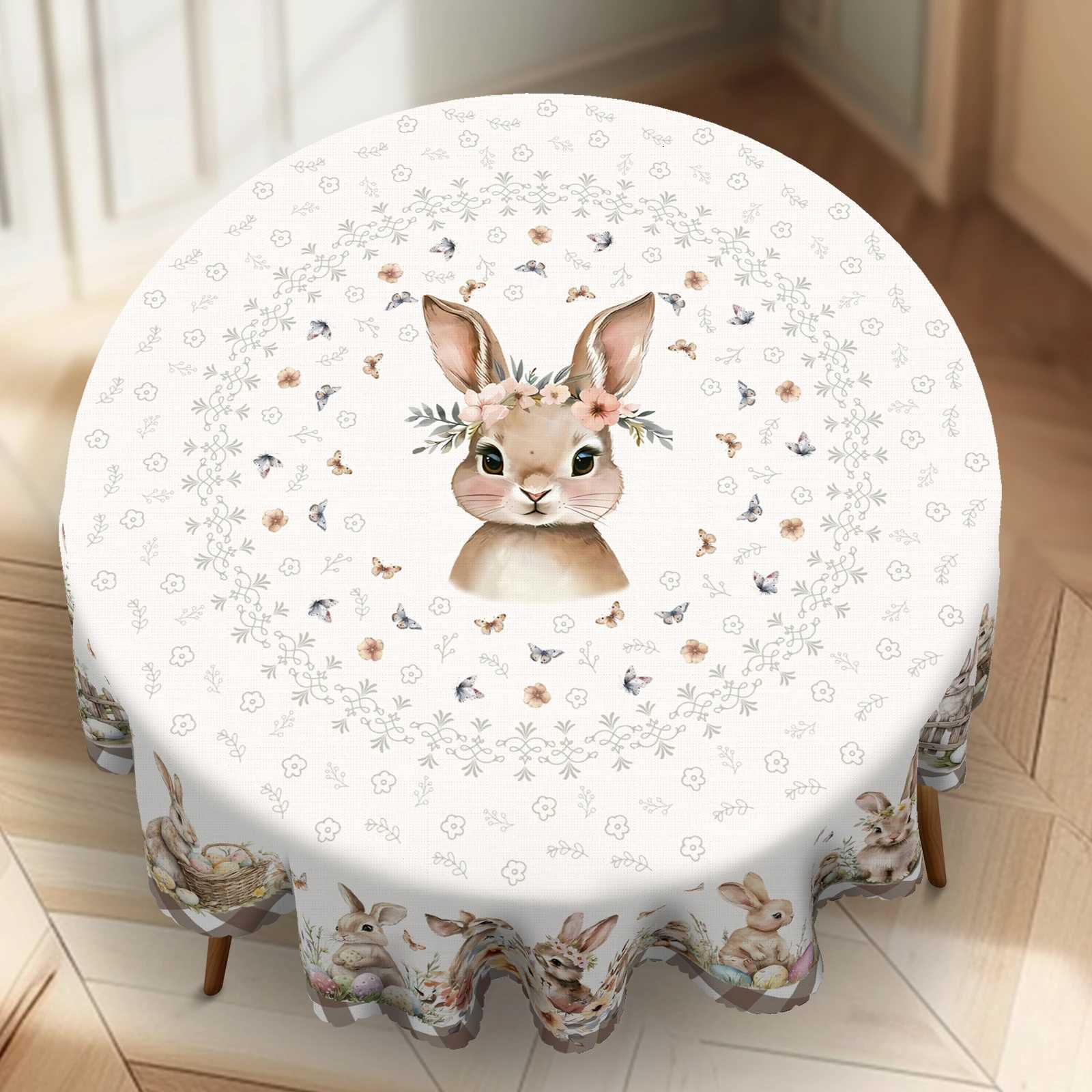 Cute Easter Themed Grey Rabbit Tablecloth - 1pc Spring Floral Print with Embossed Edge Spring Outdoor Garden C251122