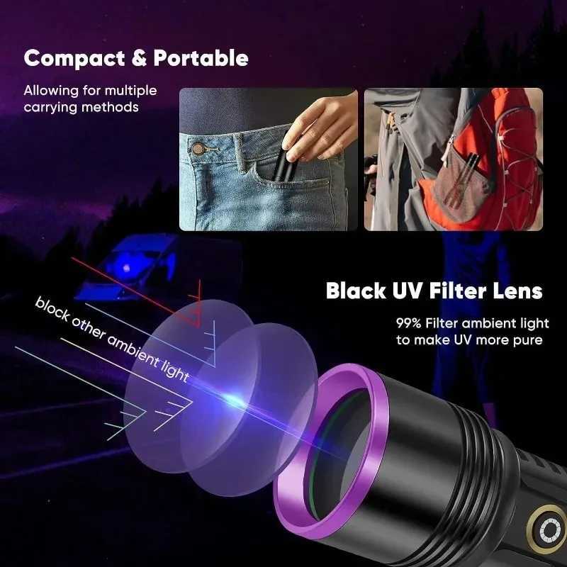 20W 365nm LED Flashlight Black Mirror UV Light USB Rechargeable Ultraviolet Lamp for Pet Urine Detection And Resin Curing C251122