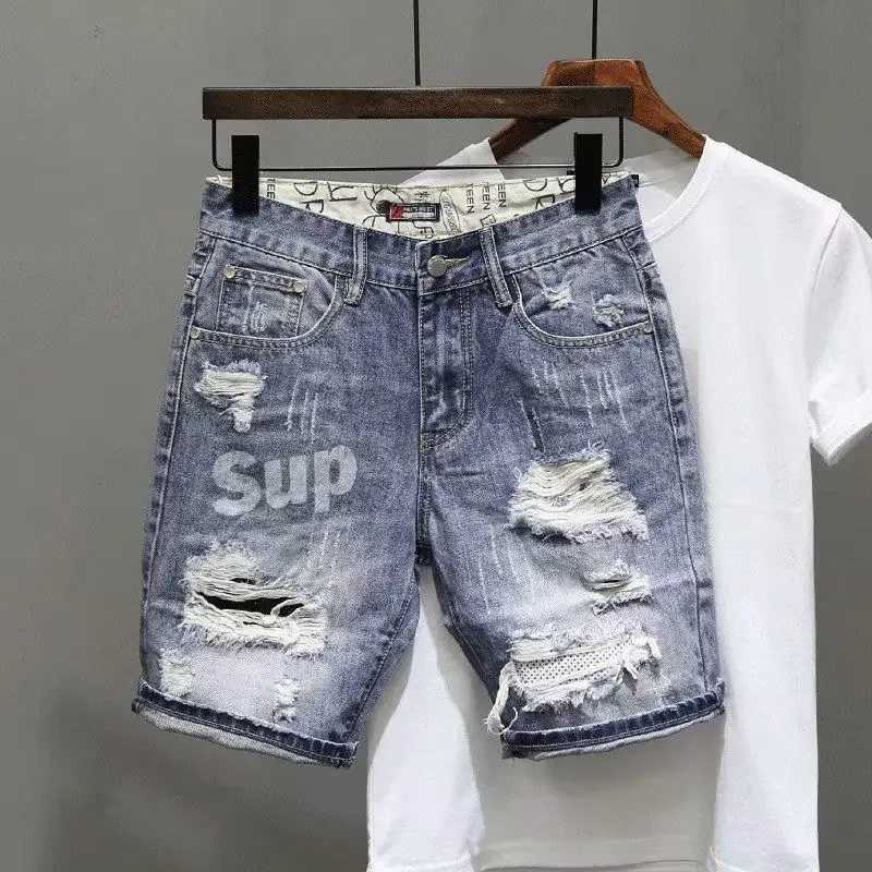 Mens short jeans pants black gray torn mens denim shorts designer buttons trendy expressions new printed stretchable Wih zipperT250422