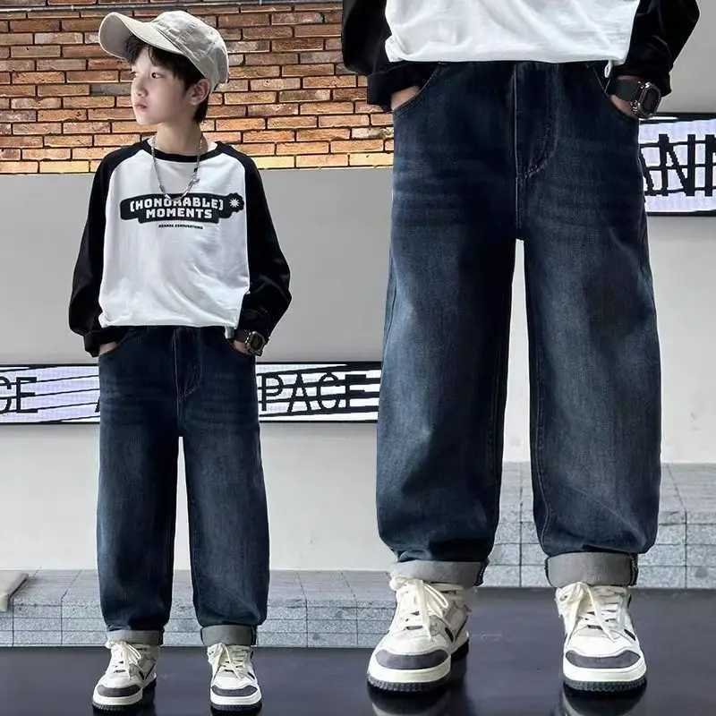 Teen Boys Jeans Spring Autumn Winter Insulated Kids Denim Trousers Children Baggy Pants Elastic Waist Blue Fashion Thermal JeansT251122