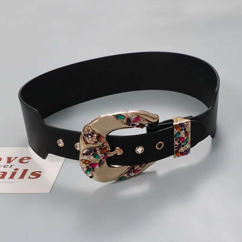 Luxury retro color rhinestone zircon metal belt niche design elegant fashion leather wide belt women down coat skirt accessories J251122