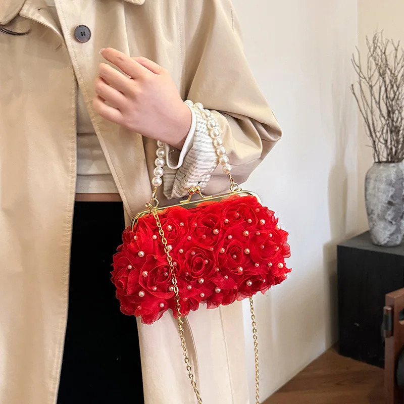 Women Rose Flower Evening Bag with Chain Floral Pearl Handbag Elegant Dinner Bag Pearl Crossbody Female Bridal Bag 250421