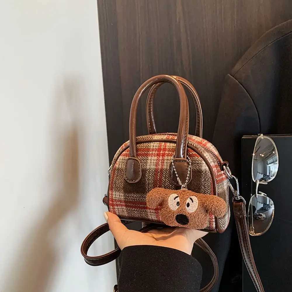 Vintage French Style Woolen Plaid Bowling Bag Cloth Elegant Boston Shoulder Bag PU Leather Casual Women Handbags WomenT251122